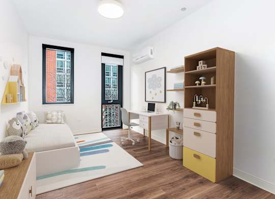 A modern living room with a white couch and a yellow bookshelf.