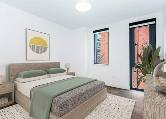 A bedroom with a bed, nightstand, and a painting on the wall.