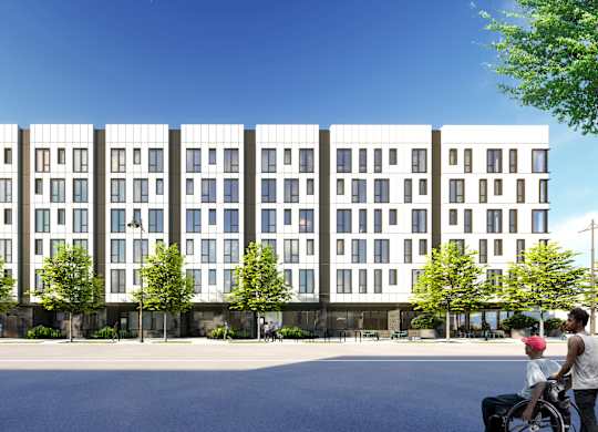 a rendering of a white building with a street in front of it