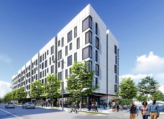 a rendering of a white building on a city street