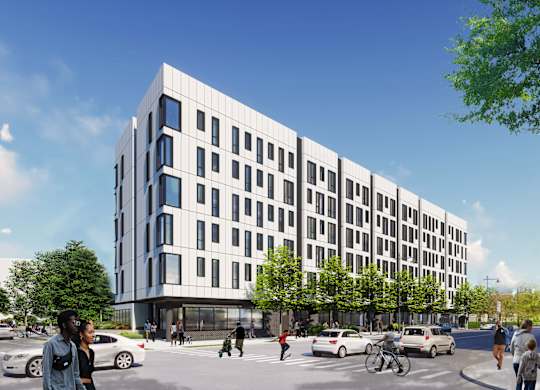 a rendering of a white building with people walking in front of it