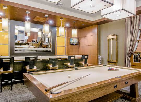 A pool table in a room with a mirror and a TV.