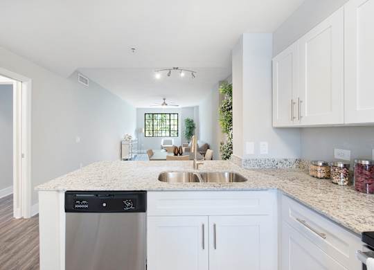 A kitchen with white cabinets and a granite countertop.