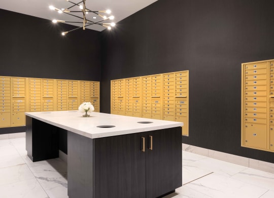 mail package room with lockers with a marble counter at 220 Meridian, Indianapolis, IN