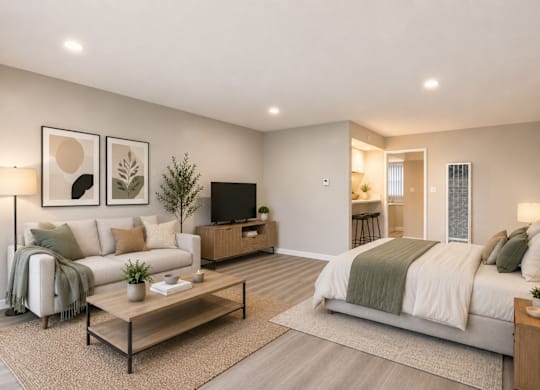 A well-lit, modern bedroom with a large bed and a cozy seating area.