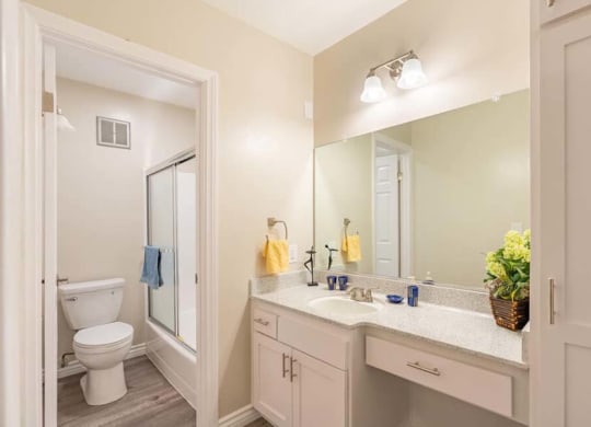 a bathroom with a toilet a sink and a mirror at Mountainview Venture, Covina, CA
