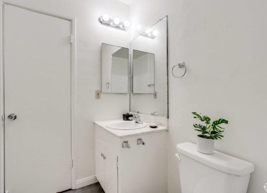 a bathroom with a sink and a mirror and a toilet at University Park, Azusa, 91702