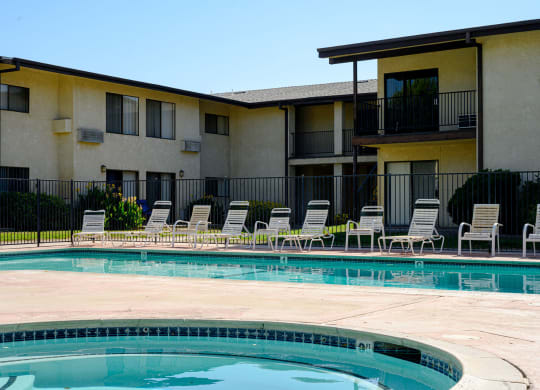 our apartments showcase an unique swimming pool at Park Columbia Apts, Hemet California