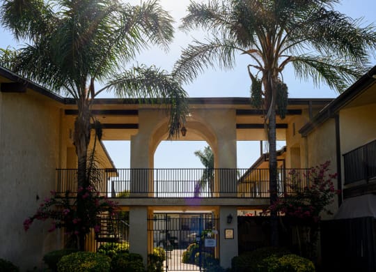 a walkway between two buildings with palm trees in the middle of the walkway at Park Columbia Apts, Hemet, 92544
