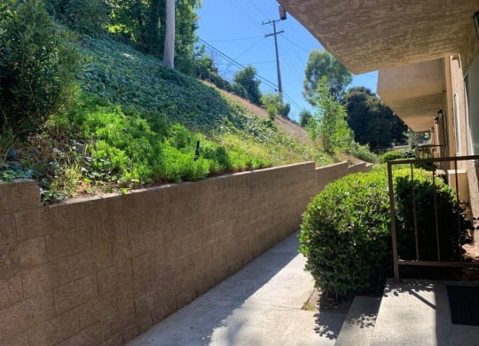 a patio with a retaining wall and bushes on the side of a house at North View Terrace, Montebello