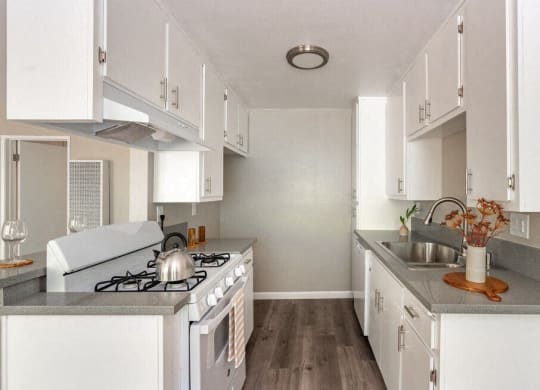 a white kitchen with a stove and a sink at North View Terrace, Montebello, CA 90640
