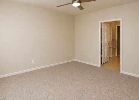 A room with a carpeted floor and a ceiling fan.