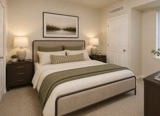 A bedroom with a large bed and a framed picture on the wall.