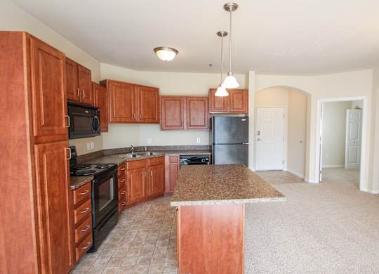 a kitchen with wood cabinets and black appliances