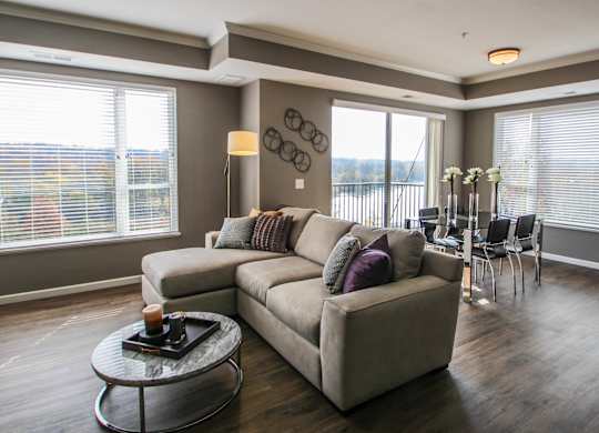 a living room with a couch and a table  at Victoria Park and V2 Apartments, Minnesota, 55102