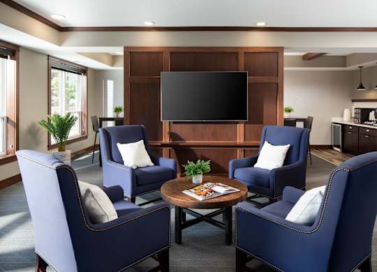 community room filled with furniture and a flat screen tv  at Victoria Park and V2 Apartments, Minnesota