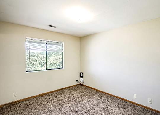A room with a window and a carpeted floor.