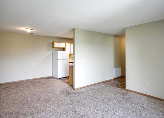 A room with a white fridge and a brown door.
