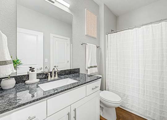 A bathroom with a white toilet, sink, and shower curtain.