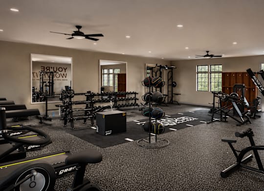 A well-equipped gym with various exercise machines and weights.