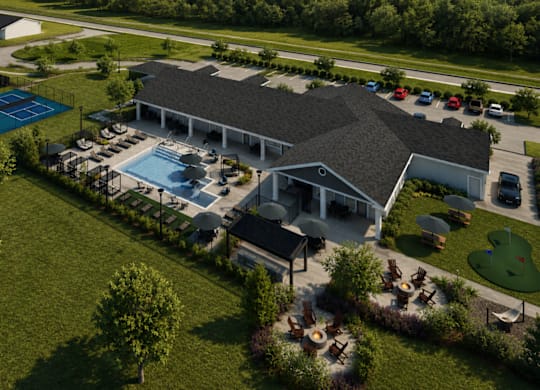 A large house with a pool and a tennis court.