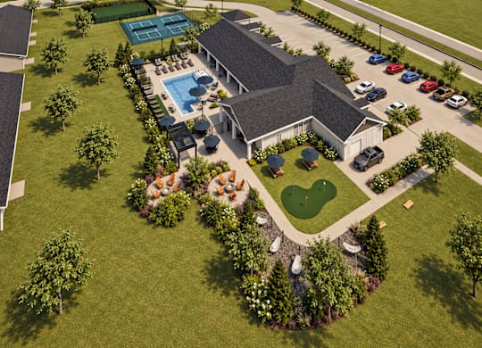 A rendering of a residential area with a pool and a tennis court.