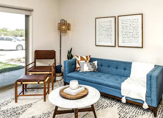 Modern living room model at Edge 204 in Omaha, NE