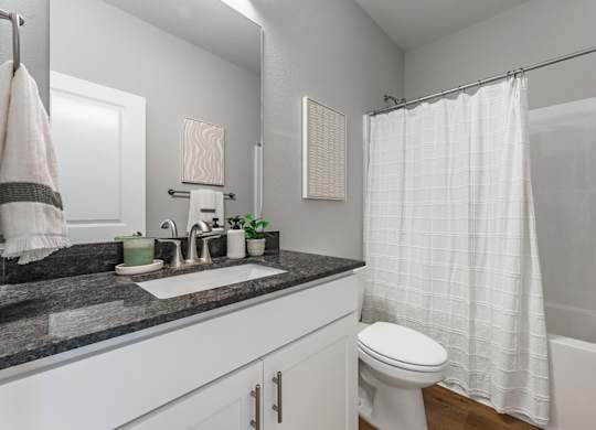 A white toilet sits in a bathroom with a black granite countertop.