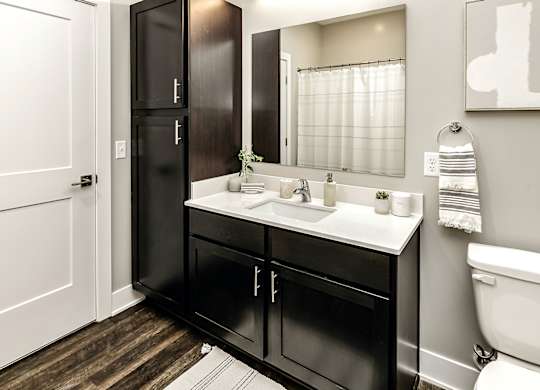 Modern bathroom model at The Westline at Flanagan Lake in Omaha, NE