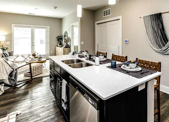 Modern kitchen model at The Westline at Flanagan Lake in Omaha, NE