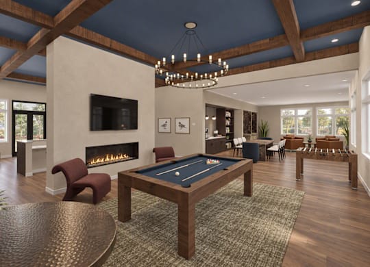 A large room with a pool table and a fireplace.