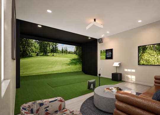 A modern living room with a large couch and a television.