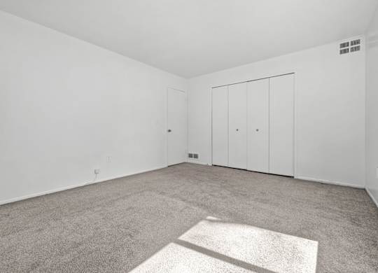 A room with a carpet and a white wall.