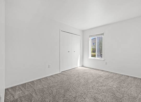 A room with a carpeted floor and a window showing a building outside.