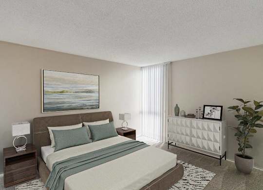 A bedroom with a large bed and a painting on the wall at The Waverly on the Lake - Belleville, MI Apartment , Belleville, Michigan