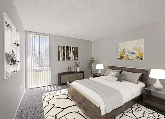 A bedroom with a large bed and a painting on the wall at The Waverly on the Lake - Belleville, MI Apartment , Belleville, 95050