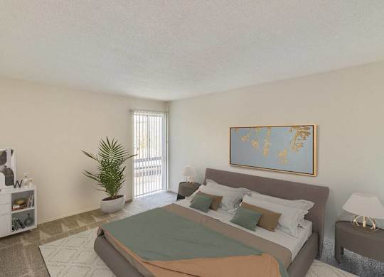 A bedroom with a bed, nightstand, and a plant at The Waverly on the Lake - Belleville, MI Apartment, Belleville, MI, 95050