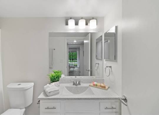 A bathroom with a toilet, sink, and mirror at The Waverly on the Lake - Belleville, MI Apartment , Belleville, MI