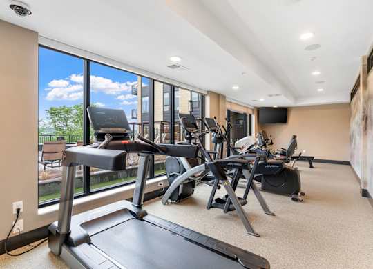 The resort-style luxury 24-hour fitness center at Lilia in Lilydale, MN 55118, with cardio equipment, free weights, and exercise machines.