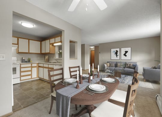 Evans Meadows Apartments in Elk River, MN Kitchen, Dining Room, and Living Room