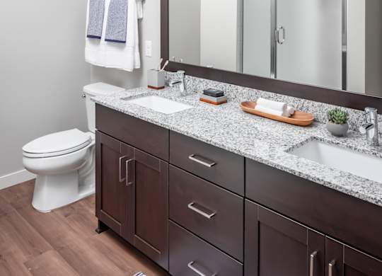 a bathroom with a sink and a mirror and a toilet at Expo, Minnesota, 55414