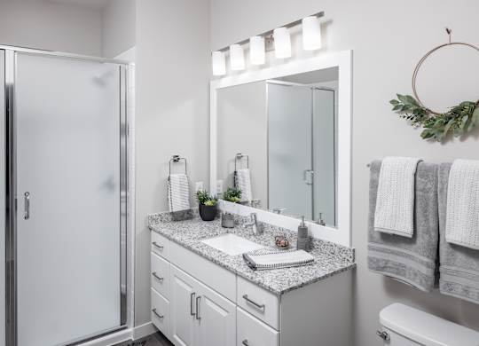 a bathroom with a sink and a shower and a mirror at Expo, Minneapolis, MN 55414