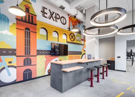 a rendering of the lobby of exo brewing company with a counter and stools at Expo, Minneapolis Minnesota