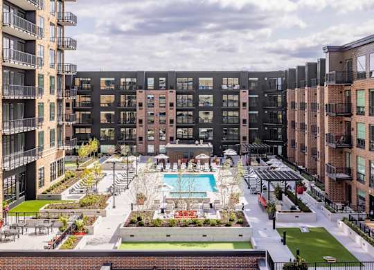 an aerial view of an apartment complex with a swimming pool at Expo, Minneapolis, 55414