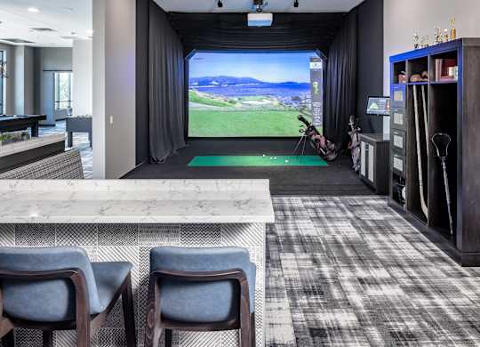 a clubhouse with a bar and a view of a golf course at Expo, Minneapolis, MN 55414
