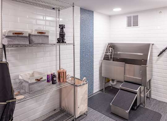a small bathroom with a sink and a shower and a dog on a shelf at Expo, Minnesota