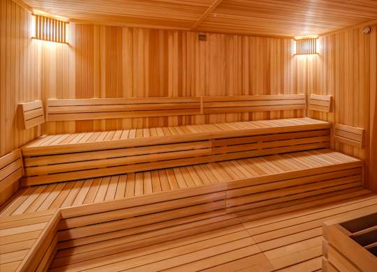 a wooden sauna with two benches in it at Expo, Minnesota, 55414