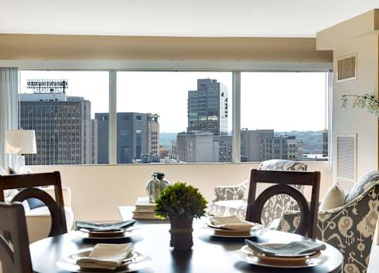 Living room window at Kellogg Square, St. Paul, MN