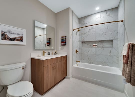 A bathroom with a white toilet, a marble tub, and a wooden cabinet.