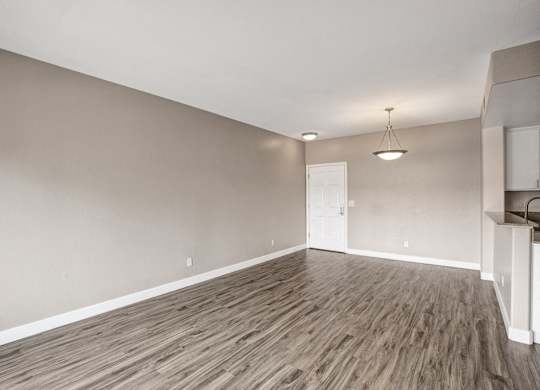 A room with wooden flooring and a white door.